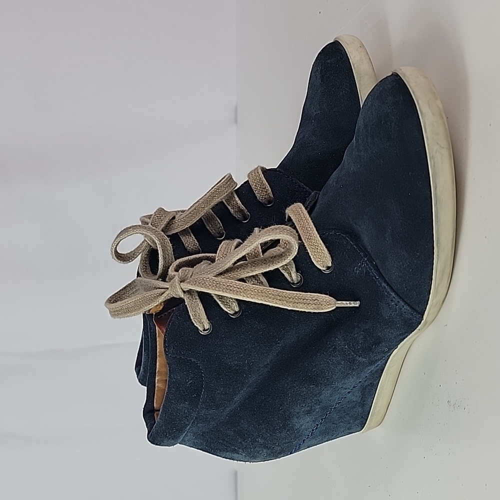 Paul Green Navy Suede Wedge Sneakers with Beige Laces